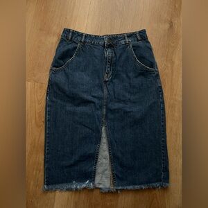 Denim Midi Skirt with Frayed Hem